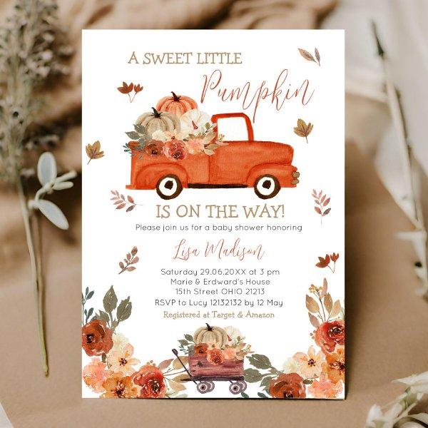 Red Pumpkin Truck Baby Shower Fall leaves