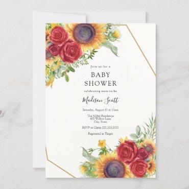 Red Roses and Sunflowers Baby Shower Invitation