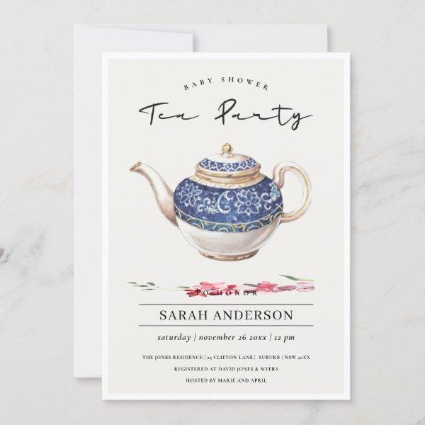Red Teapot Floral Baby Shower Tea Party Invite