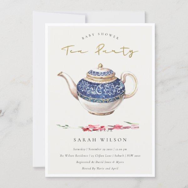 Red Teapot Floral Baby Shower Tea Party Invite