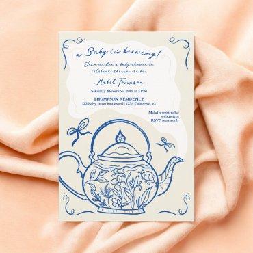 Retro blue bows teapot baby is brewing