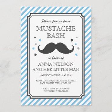 Retro blue stripes little man mustache baby shower invitation