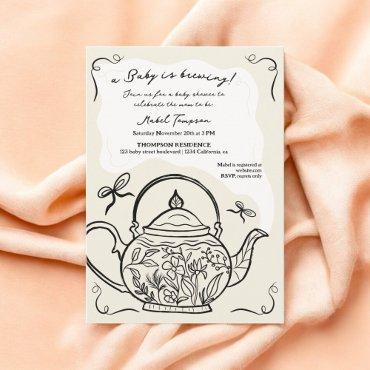 Retro boho black bow teapot baby is brewing shower