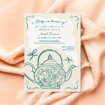 Retro green bow teapot baby is brewing