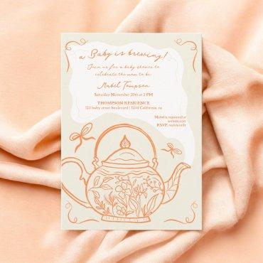 Retro orange bows teapot baby is brewing shower