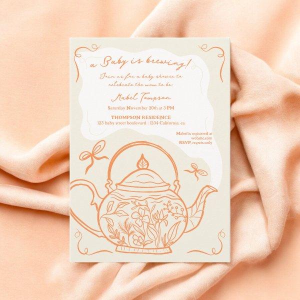 Retro orange bows teapot baby is brewing shower