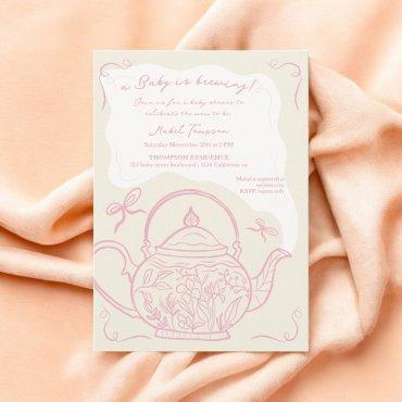 Retro pink bows teapot baby is brewing