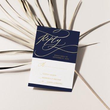Romantic Navy Gold Foil Wedding Simple RSVP Card