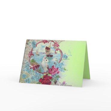 ROMANTICA,BLUE GREEN PINK FLORAL ROSES WITH DOVE HOLIDAY CARD