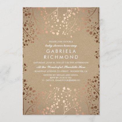 Rose Gold and Kraft Floral White Baby Shower Invitation