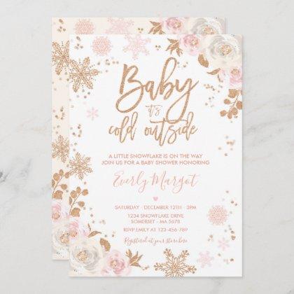 Rose Gold And Pink Winter Baby Shower Snowflake Invitation