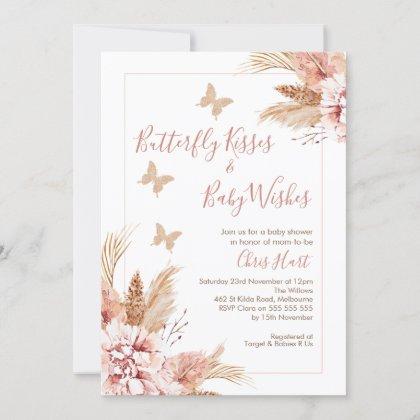Rose Gold Boho Floral Butterfly Kisses Baby Shower Invitation