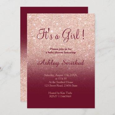 Rose gold faux glitter burgundy girl baby shower invitation
