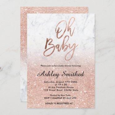 Rose gold faux glitter marble ombre Oh baby shower Invitation
