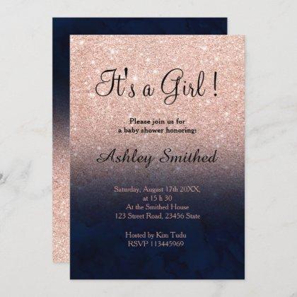 Rose gold faux glitter navy blue girl baby shower invitation