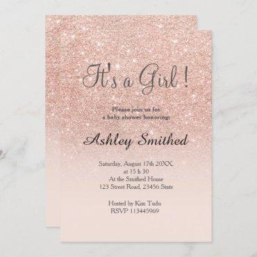 Rose gold faux glitter pink ombre girl baby shower invitation