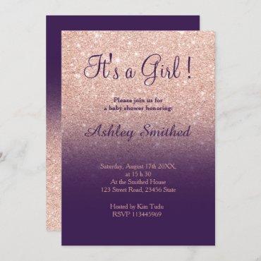 Rose gold faux glitter purple ombre baby shower invitation