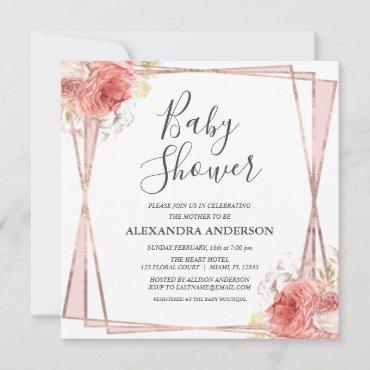 Rose Gold Floral Elegant Modern Baby Shower Invitation