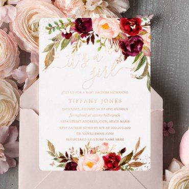 ROSE GOLD FOIL Blush Burgundy Floral Baby Shower  Foil