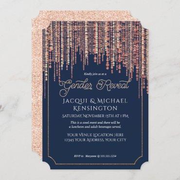 Rose Gold Glitter Navy Blue Fringe Gender Reveal Invitation
