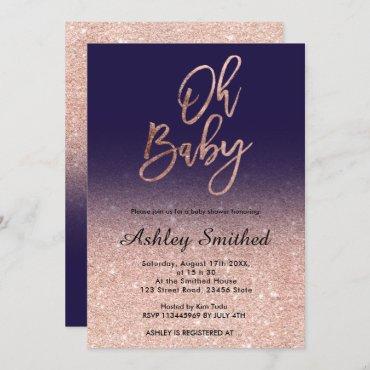 Rose gold glitter navy blue ombre Oh baby shower Invitation