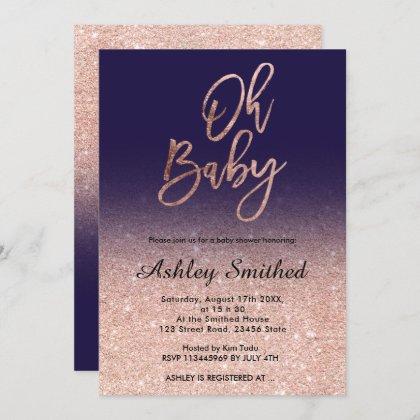 Rose gold glitter navy blue ombre Oh baby shower Invitation