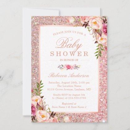 Rose Gold Glitter Pink Floral Girl Baby Shower Invitation
