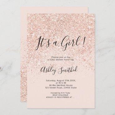 Rose gold glitter sparkles pink girl baby shower invitation