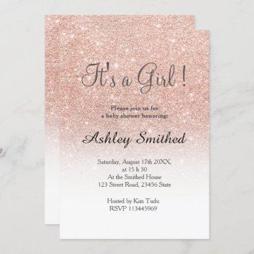 Rose gold glitter white ombre girl baby shower invitation
