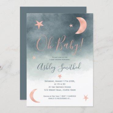 Rose gold moon stars blue watercolor baby shower invitation