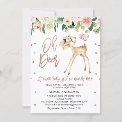 Rose Gold Oh Deer Floral Baby Shower Invitation