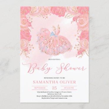Rose gold tutu dress blush floral Baby Shower Invitation