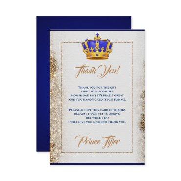 Royal Blue and Gold Crown Prince Baby Shower Thank You Card