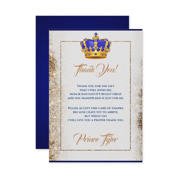 Royal Blue and Gold Crown Prince Baby Shower Thank You Card