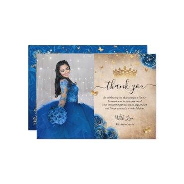Royal Blue and Gold Roses Quince Photo Birthday Thank You Card
