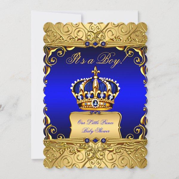 Royal Blue Damask Gold Crown Baby Shower Boy bs3