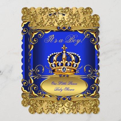 Royal Blue Damask Gold Crown Baby Shower Boy RB3 Invitation