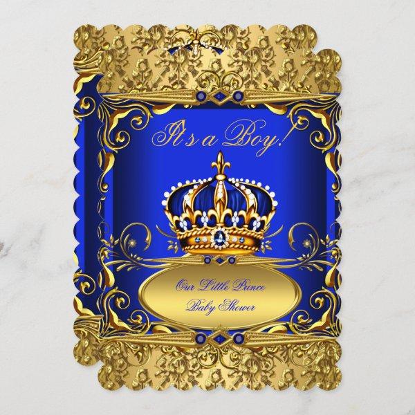 Royal Blue Damask Gold Crown Baby Shower Boy RB3