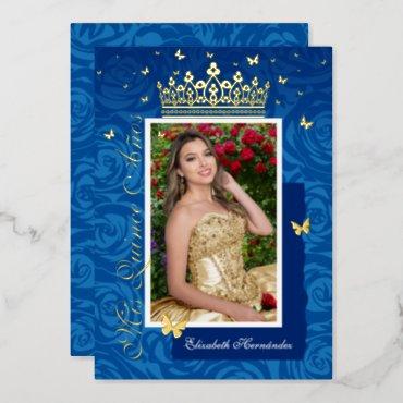 Royal Blue Elegant Photo Quinceañera Gold Foil