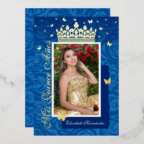 Royal Blue Elegant Photo Quinceañera Gold Foil