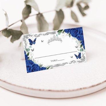 Royal Blue Floral Butterflies Quinceañera Sweet 16 Place Card