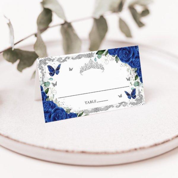 Royal Blue Floral Butterflies Quinceañera Sweet 16 Place Card