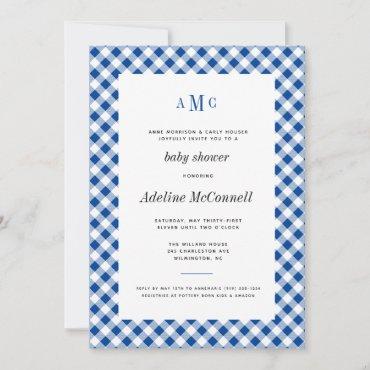 Royal Blue Gingham Traditional Baby Shower Invitation