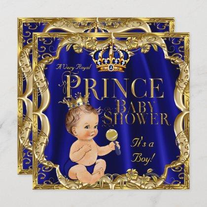 Royal Blue Gold Crown Prince Baby Shower Brunette Invitation