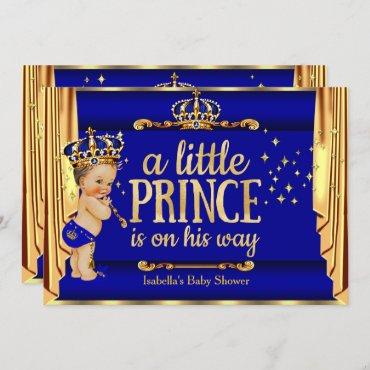 Royal Blue Gold Drapes Prince Baby Shower Brunette Invitation