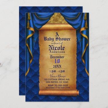 Royal Blue & Gold Drapes Scroll Baby Shower Invitation