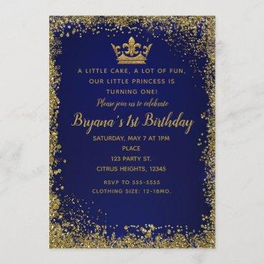 Royal Blue & Gold Glitter Crown 1ST Birthday Party Invitation