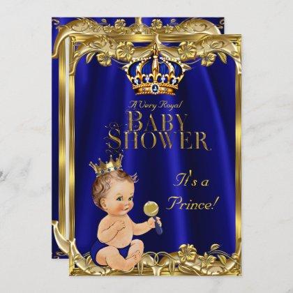 Royal Blue Navy Gold Prince Baby Shower Brunette Invitation