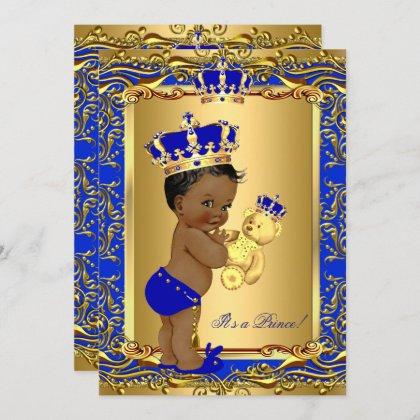 Royal Blue Prince Crown Baby Shower Bear Ethnic Invitation