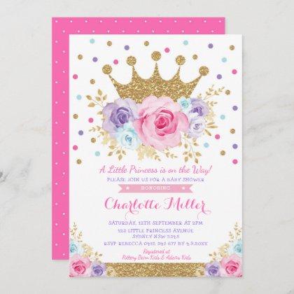 Royal Crown Princes Pink Purple Floral Baby Shower Invitation